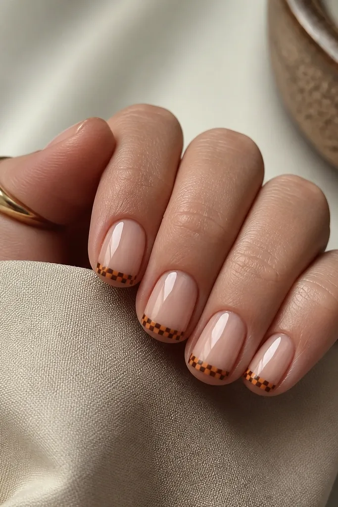 Short square nails with a nude base. The tips have a small checkerboard pattern in orange and espresso brown. The checker squares are tiny and consistent, and the pattern sits right at the tip edge. Glossy finish.