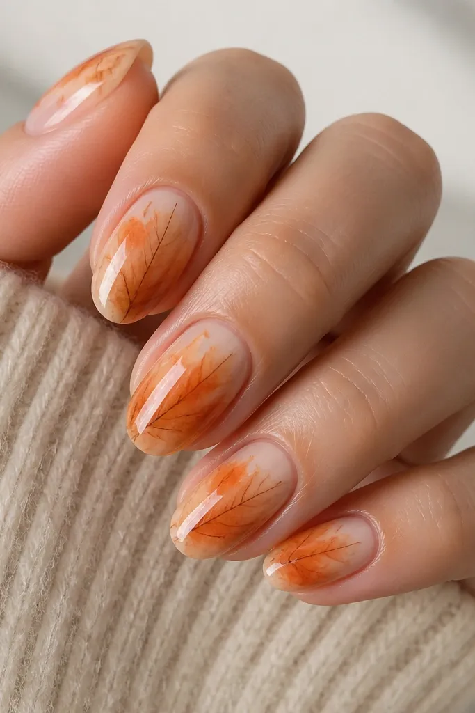 Medium oval nails with a nude base. Each nail has soft watercolor blotches in tangerine and pumpkin orange, with brown veins that look like leaf veins. The edges are feathered, and the finish is glossy.
