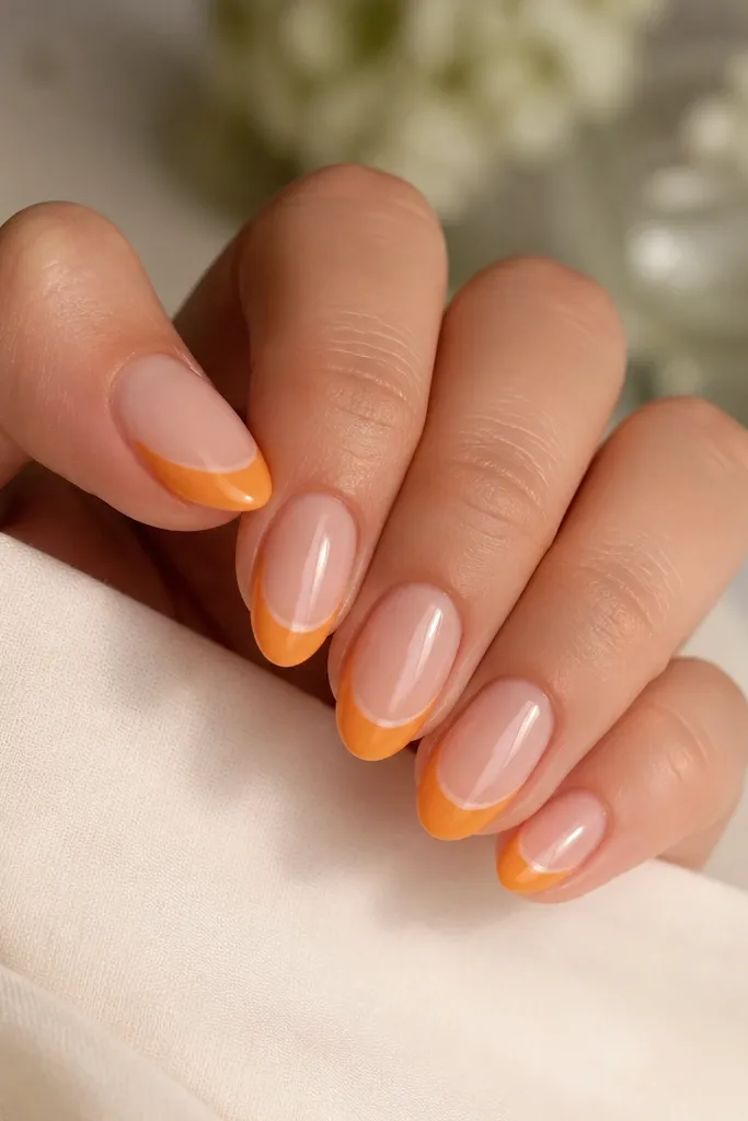 Short almond nails. The base is sheer nude. The tip has a thick ring-like French arc in pumpkin orange, leaving a small clear gap in the middle of the arc. It looks like a half-glazed donut shape. Glossy and smooth.