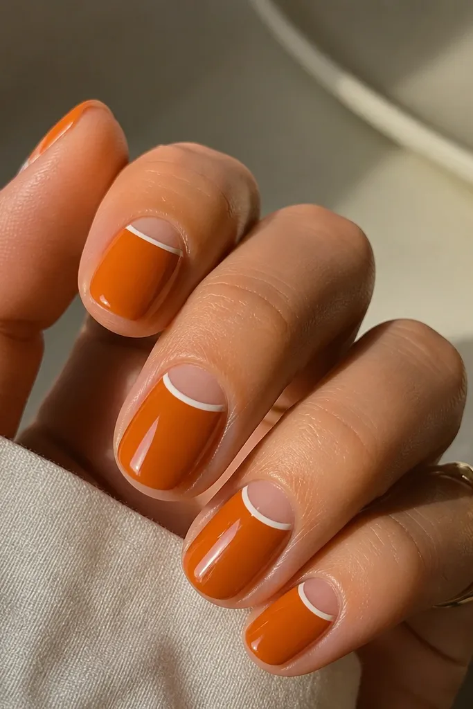 Short nails with a burnt orange base. The lower half is clear and glossy, forming a clean half-moon at the cuticle area. A thin white outline separates orange and clear, and the rest of the nail shines like glass.