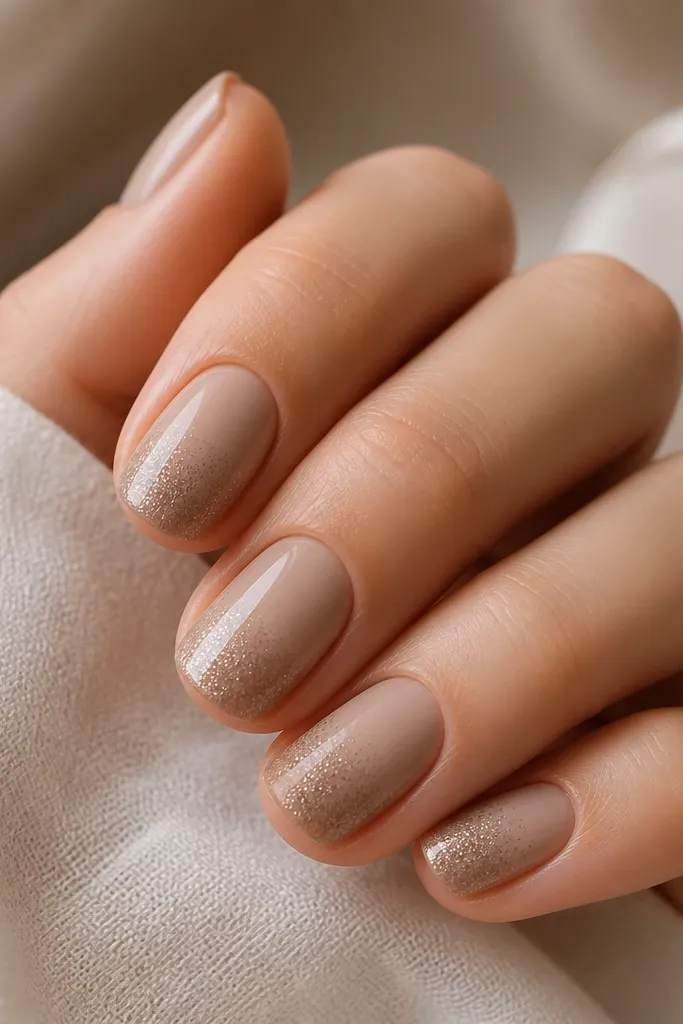 Short nude-mocha nails with a gradient of tiny silver-brown micro glitter concentrated at the tips. The base is creamy taupe, and the glitter fades smoothly toward the middle. Everything is glossy, with no chunky flakes.