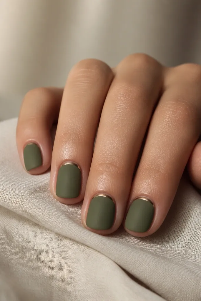 Short rounded nails in a muted olive green with a satin (not mirror) finish. A thin copper line runs horizontally right at the cuticle, like a delicate bracelet. The rest stays soft and matte-satin.