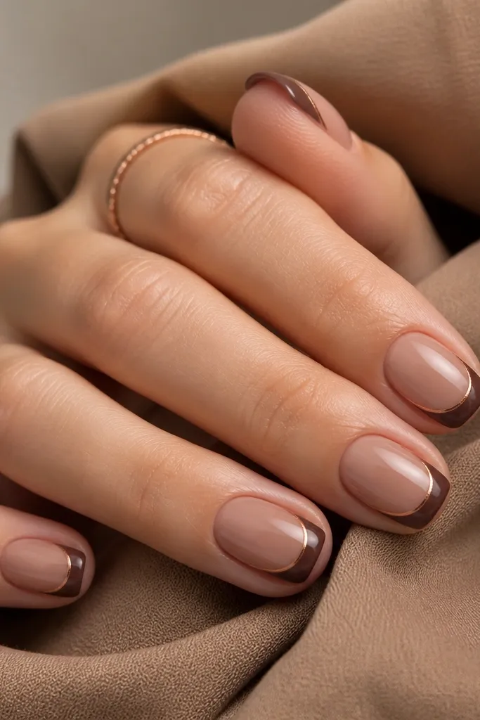 Short nails with soft rounded tips painted chocolate brown in a French shape. A thin copper line outlines the edge of the French tip, like a frame. The base is nude-beige and glossy.
