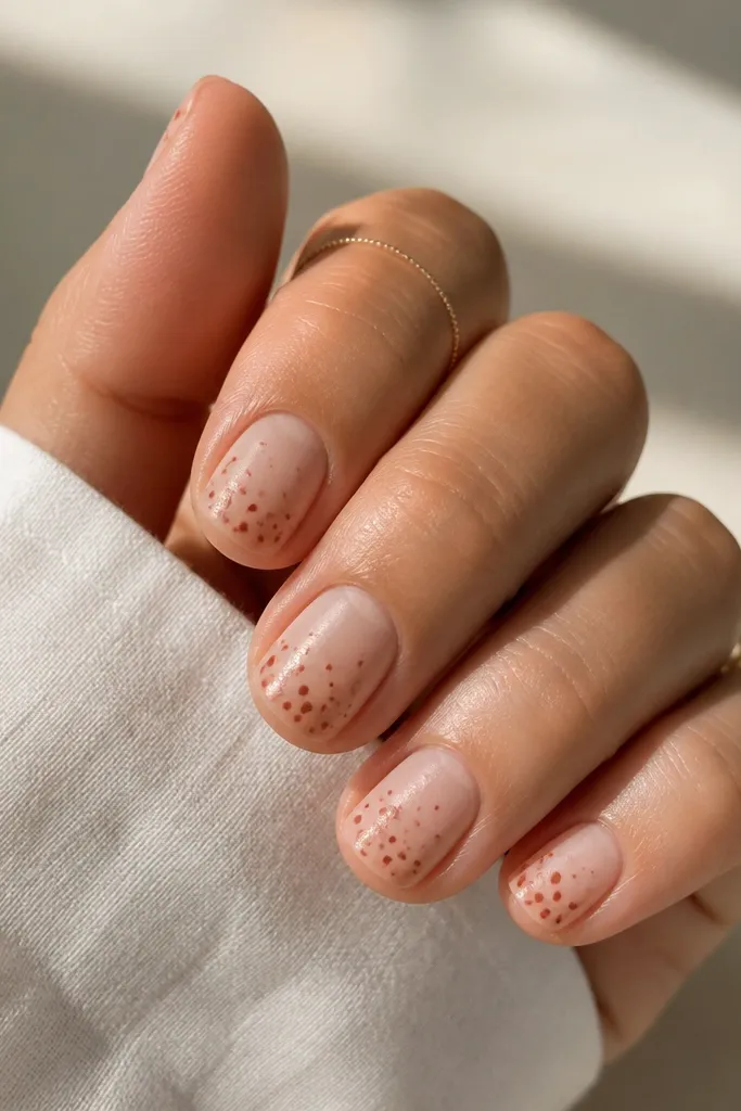 Short nails with a nude base and tiny terracotta speckle dots scattered mostly on the lower half and slightly toward the center. The dots vary in size and are matte or low-gloss.