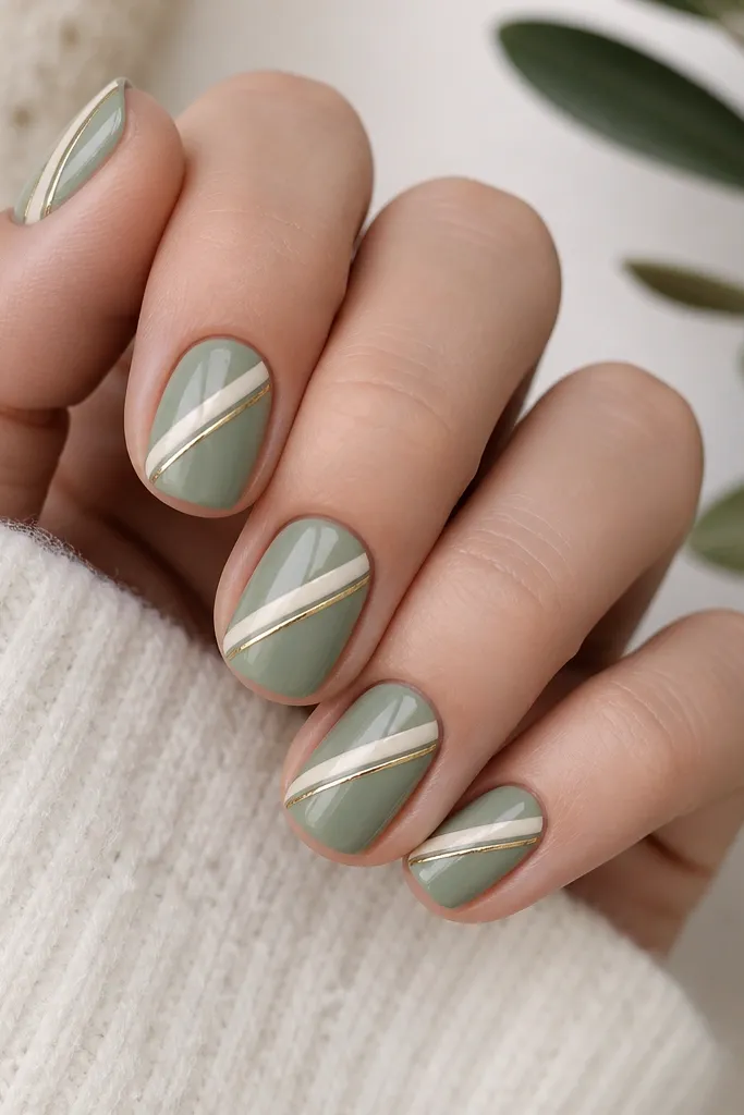Short nails in soft sage green. Two diagonal diagonal lines in off-white and thin gold sit near the center, like modern stripes. The lines are straight and taped clean, with glossy finish.
