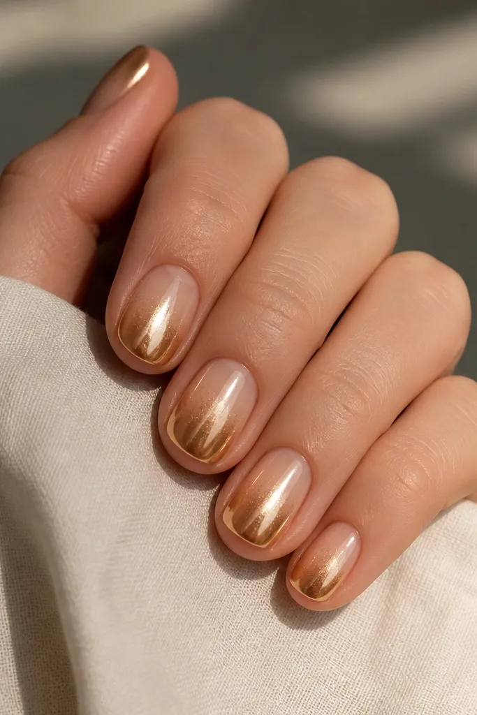 Short rounded nails with a nude base. The tips are coated in burnished gold chrome dust, fading slightly into the nude near the center. The chrome looks mirror-like and warm.