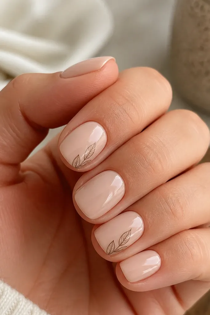 Short nails with creamy nude base. One or two accent nails have a simple leaf outline in light brown, with a thin vein line in darker brown. The leaf sits on the side, angled upward. Glossy finish.