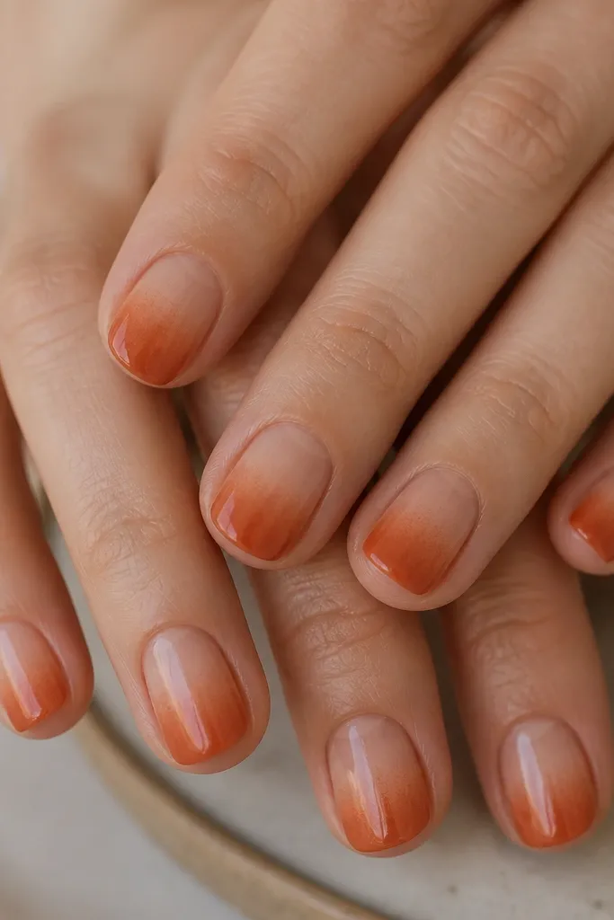 Short nails with a sheer nude base fading into rust orange from the tips upward. The gradient edge looks soft, created with a sponge. Some nails have a slightly stronger orange at the very tip.