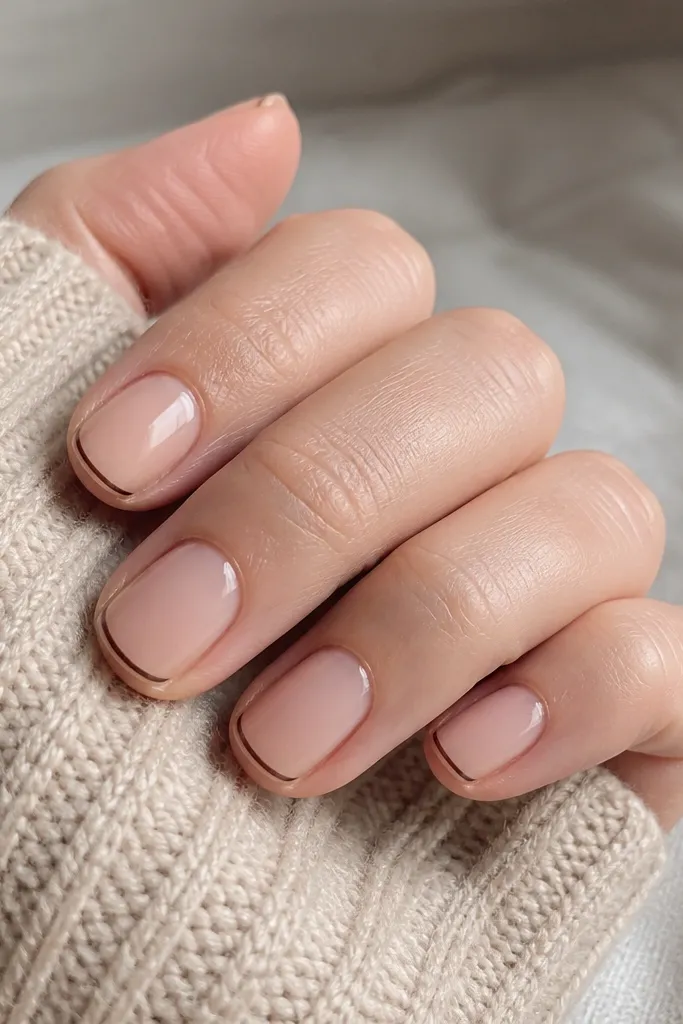 Short nails with a nude base. A very thin blackened brown French tip line sits at the extreme edge, leaving a tiny nude gap between base and tip. Glossy finish.