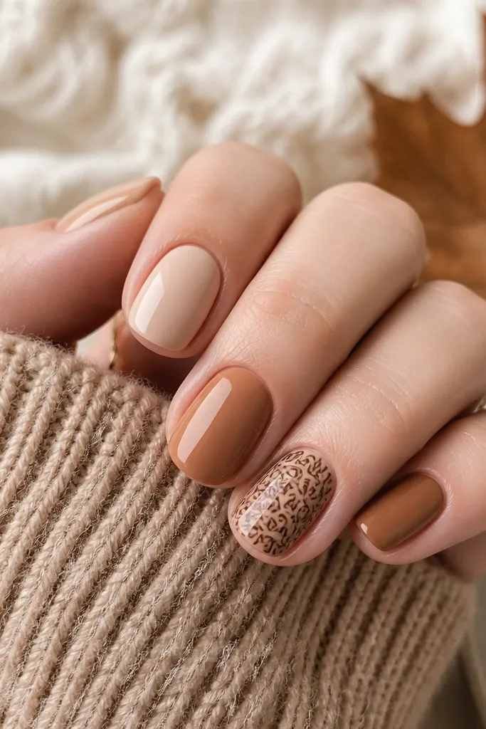 Short nails in warm beige and caramel tones. One accent nail has a stamped maple leaf pattern in dark brown, crisp and repeated in a small area. Other nails are solid with a glossy finish.