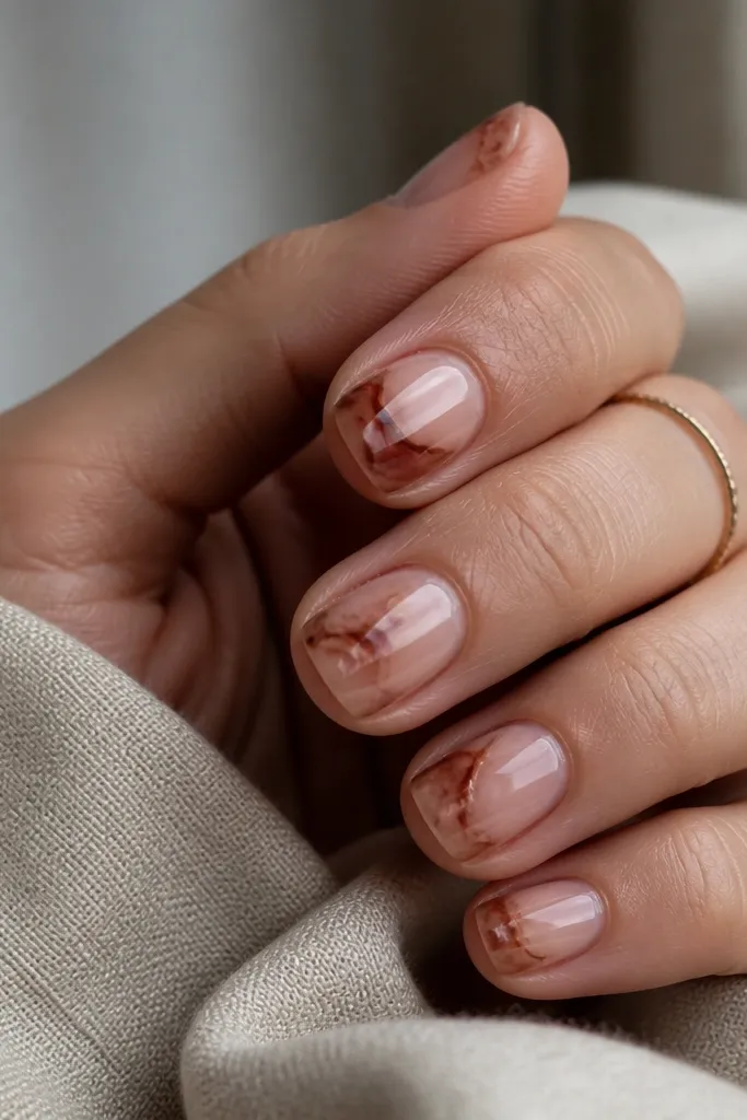 Short nails with a clear base in the center and sienna-brown marble swirls around it. The clear area creates negative space, and the swirls look like thin cracks with soft edges. Glossy finish.