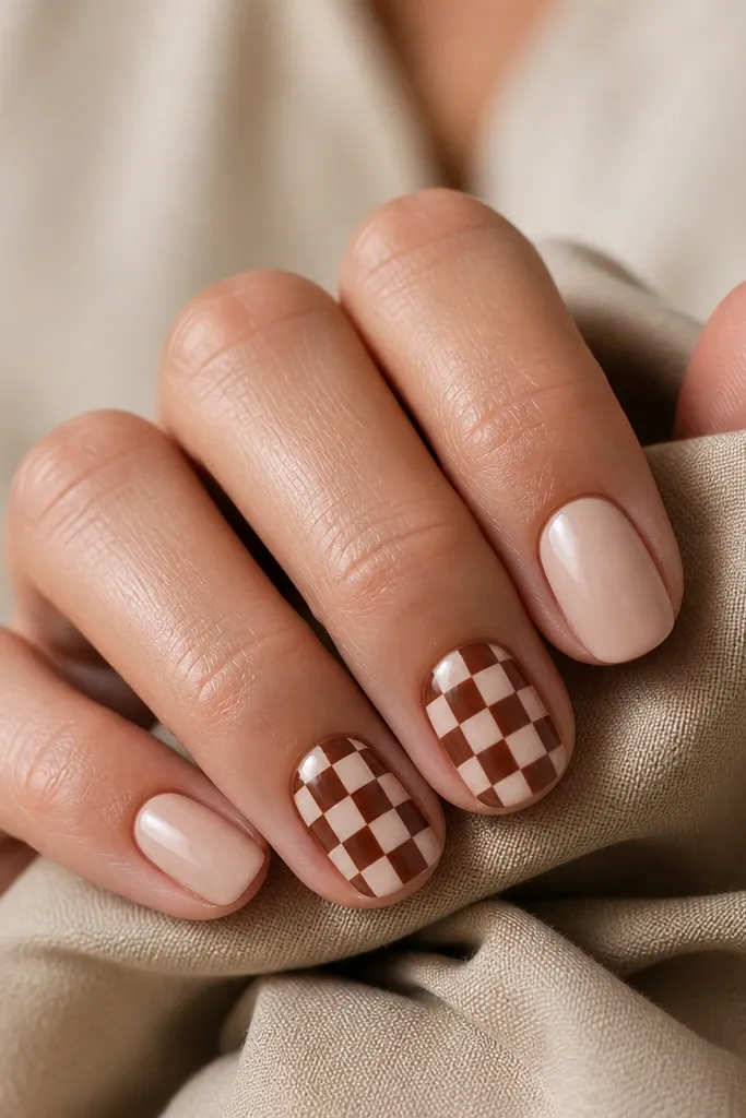 Short nails with a nude base. Two accent nails have tiny chocolate and creamy nude checker squares arranged in a neat grid across the nail. Other nails are solid nude with glossy finish.