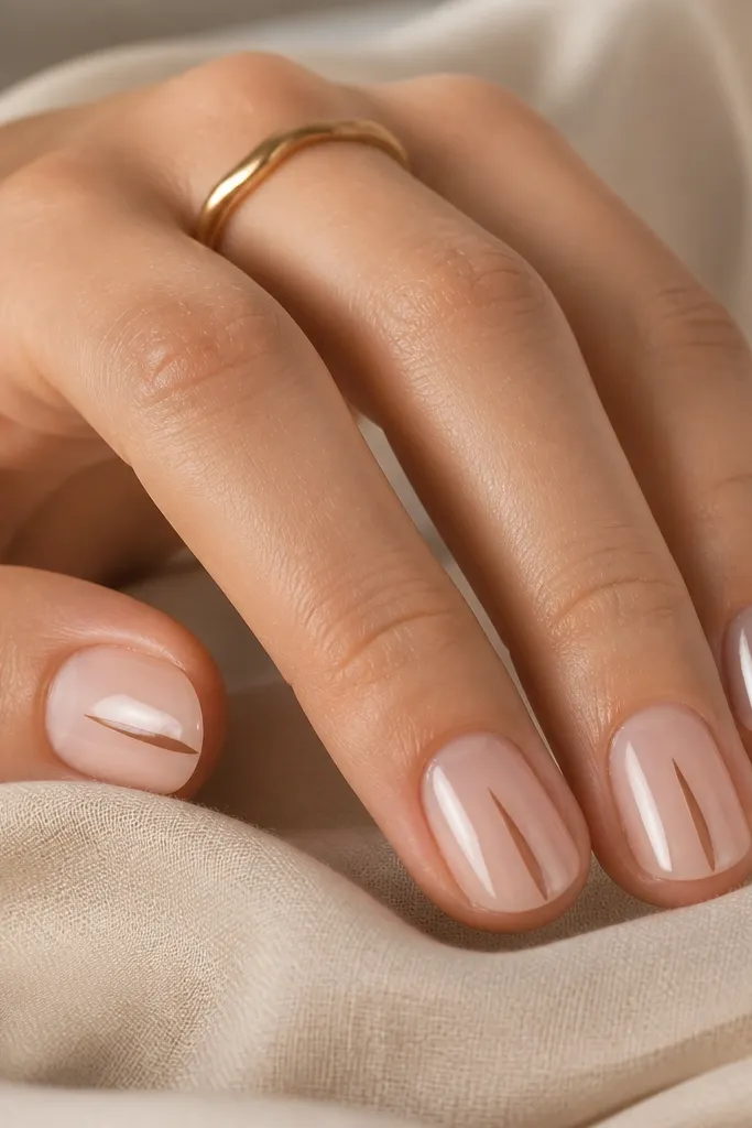 Short nails with a sheer nude base. A single cinnamon-brown line starts near the cuticle center and angles to the tip like a spearhead, ending in a small point. Glossy finish.
