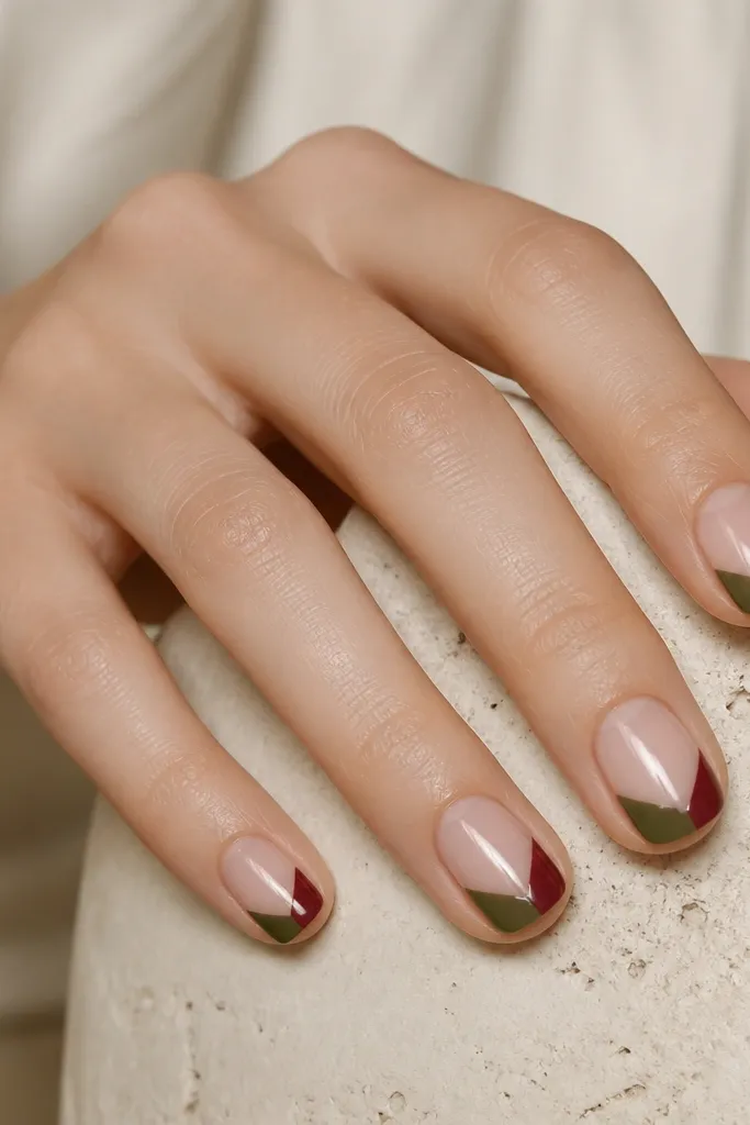 Short nails with a nude base that splits into a V shape at the tips. The left side of the V is olive green and the right side is oxblood red, meeting at a point in the center. Glossy finish.