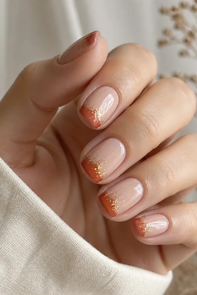 Short nails with a nude base. French tips are painted terracotta. Over the terracotta tip area, there are tiny scattered gold specks like confetti, concentrated near the center. Glossy finish.