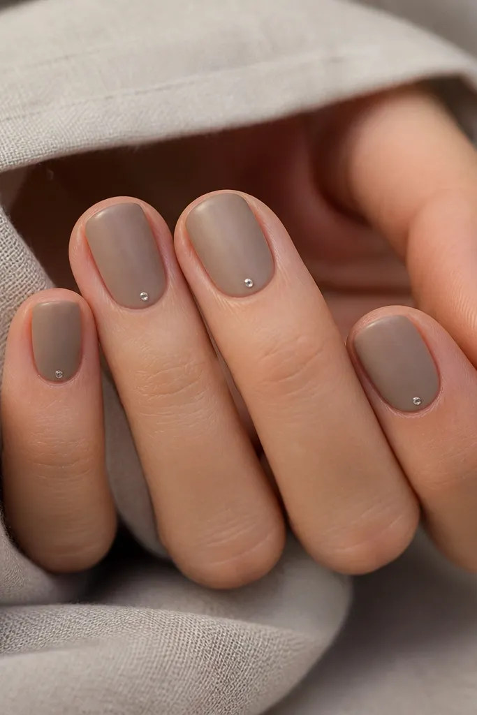 Short nails in satin taupe. Each nail has a tiny single micro gem placed right at the cuticle center, like a small bead. The rest stays smooth satin with a soft sheen.