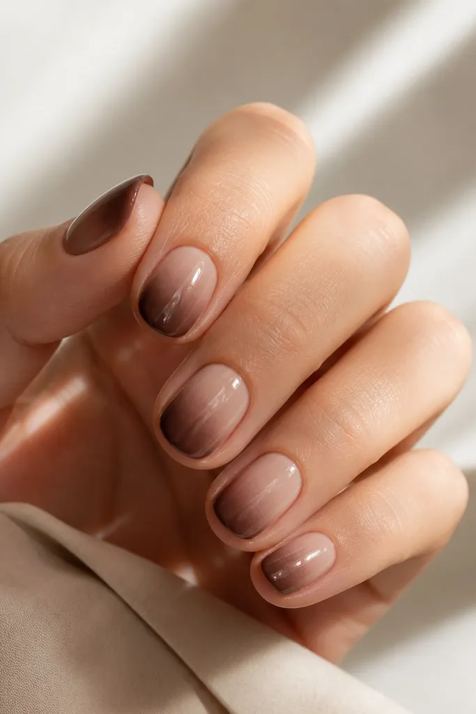 Short nails with nude base and a chocolate ombre that starts around the mid-tip area. The ombre edge looks blurred and soft, not a hard line. Glossy top coat.