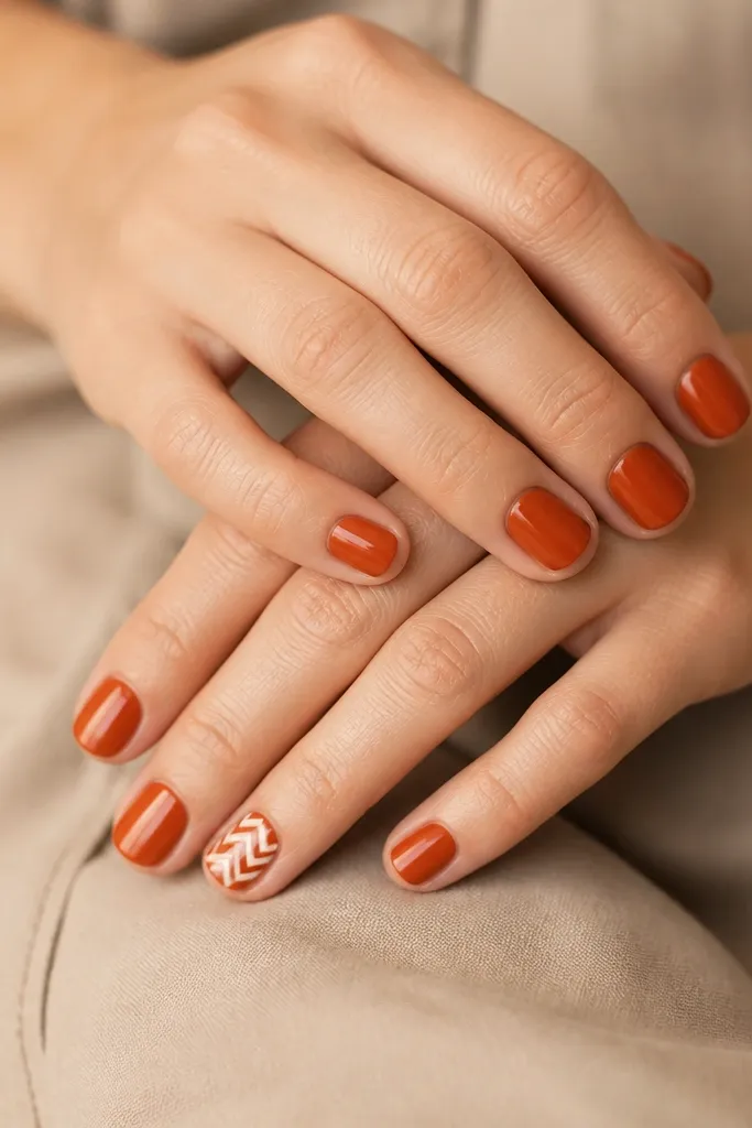 Short nails with solid rust orange on most fingers. On one accent nail, there is a cream chevron pattern made of two V shapes, centered and narrow. The rest nails are glossy solid rust.