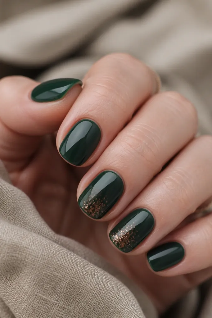 Short nails in deep forest green with mirror gloss. On one or two nails, there are copper speckles concentrated near the center and slightly toward the tip. No other art appears.