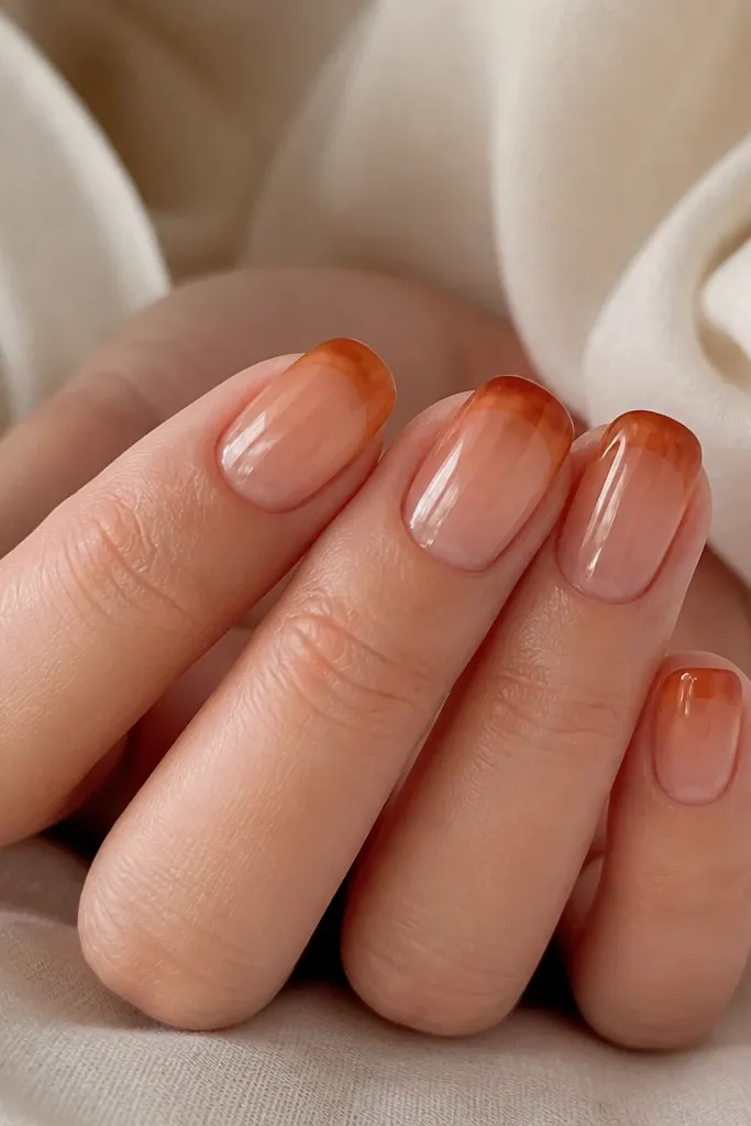 Short nails with a clear jelly-like base. The tips are translucent burnt orange, like stained glass, fading slightly toward the middle. Everything is glossy and see-through.