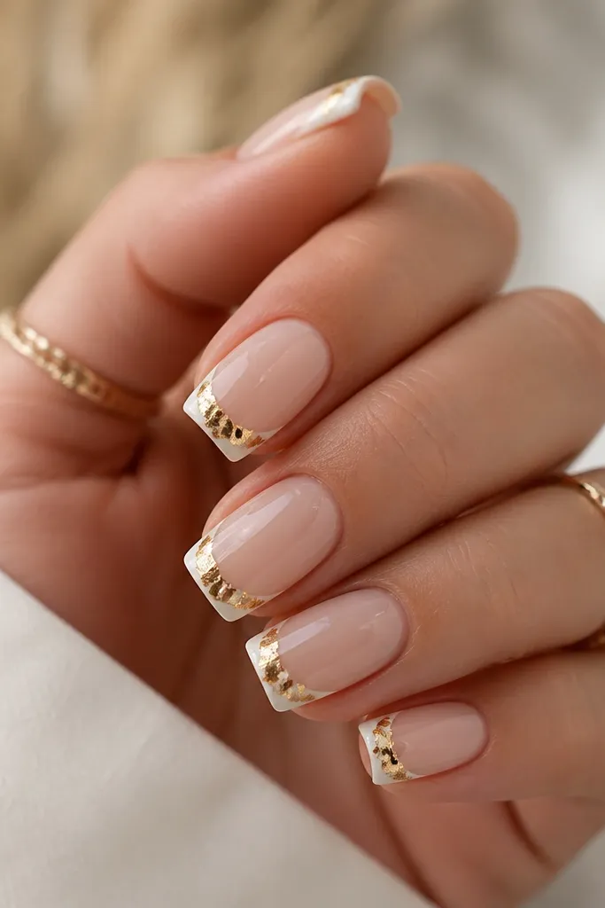 Soft square nails with a white French tip line and scattered irregular gold foil pieces breaking through the white at the tip edges, sealed under glossy top coat.