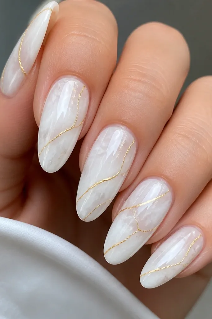 White marble acrylic nails with wispy gray-white swirls and super thin gold vein lines crossing like marble cracks, glossy finish.