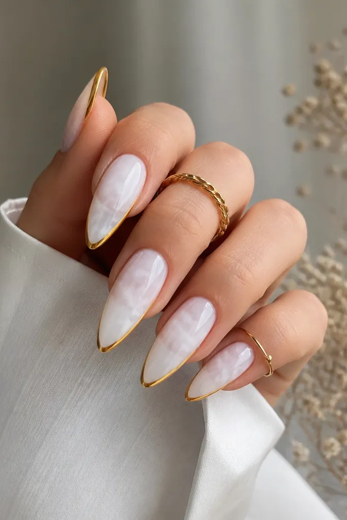 White cloud-like gradient fading from sheer at the base to milky white near the tips, with a sharp gold chrome tip line, glossy finish.
