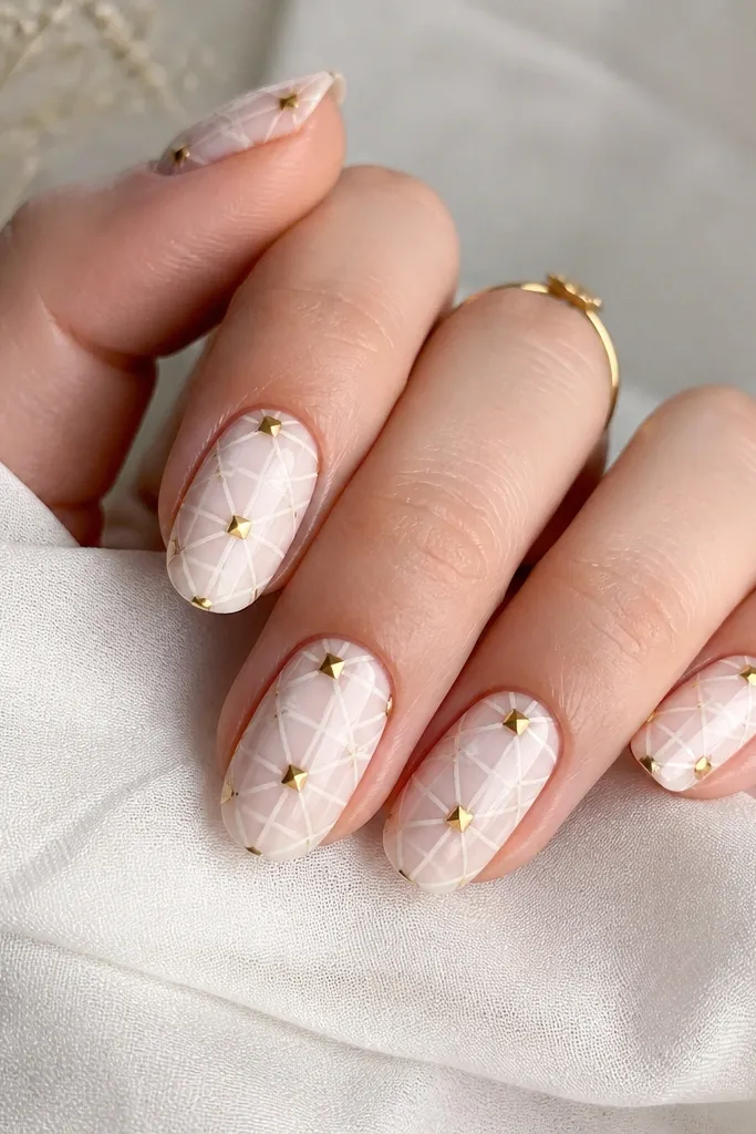 Milky white nails with a thin lattice grid drawn across the surface, with solid gold squares placed at the corners and near the cuticle.