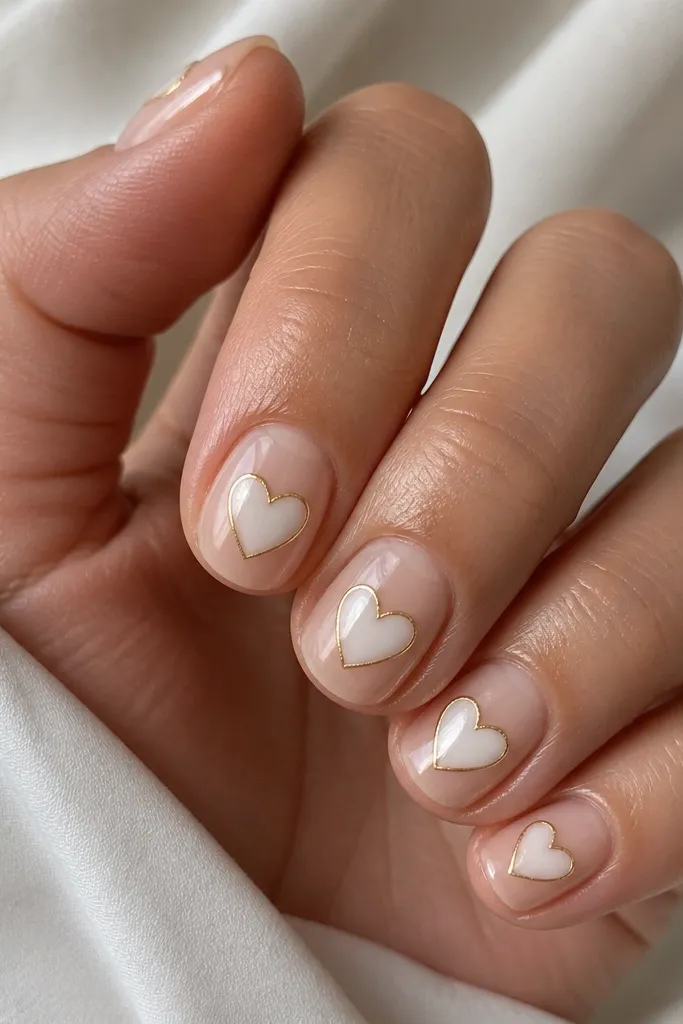 Short oval nails with a clear base, a white heart shape in the center, and a thin gold outline around the heart, glossy top coat.