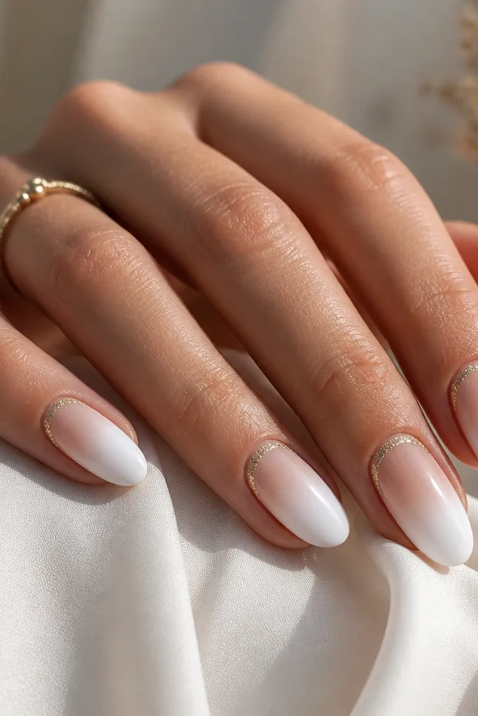 White ombre nails fading from sheer at base to opaque white at tips, with a thin gold glitter halo around the cuticle area, glossy finish.