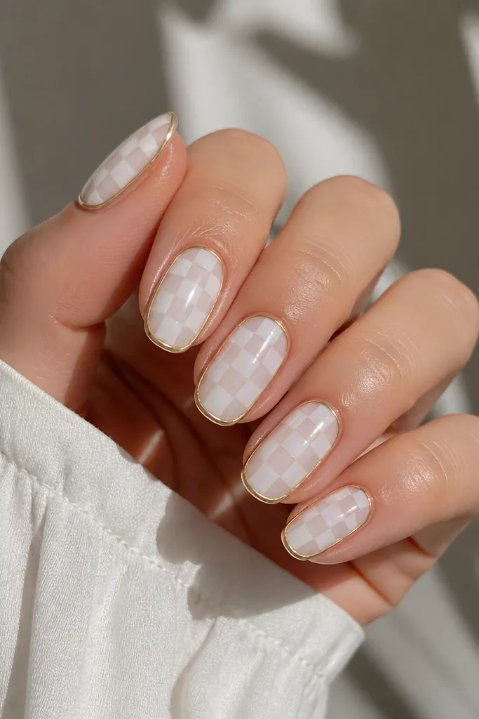 Milky white checkerboard pattern on each nail with alternating squares outlined by a thin gold border around the nail edges, glossy finish.