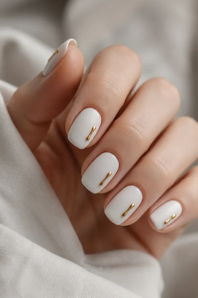 Matte milky white nails with small gold drip accents descending from the mid-nail toward the side, glossy gold but matte overall, with no shine except the gold.