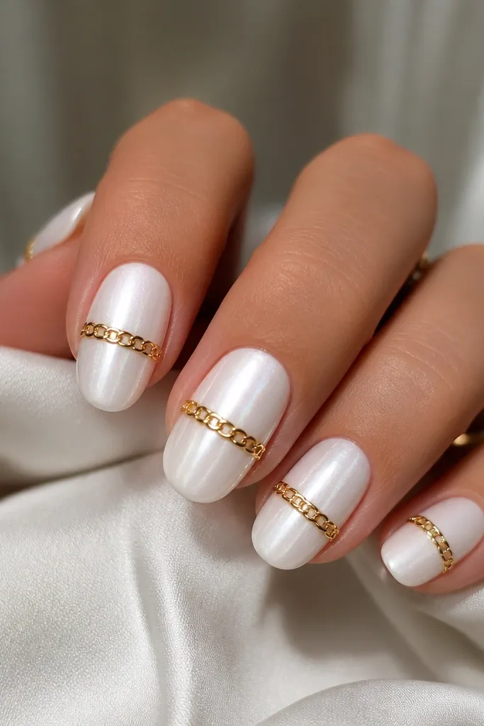 Pearlized white nails with a gold chain link pattern running horizontally near the middle, glossy top coat over the chain.