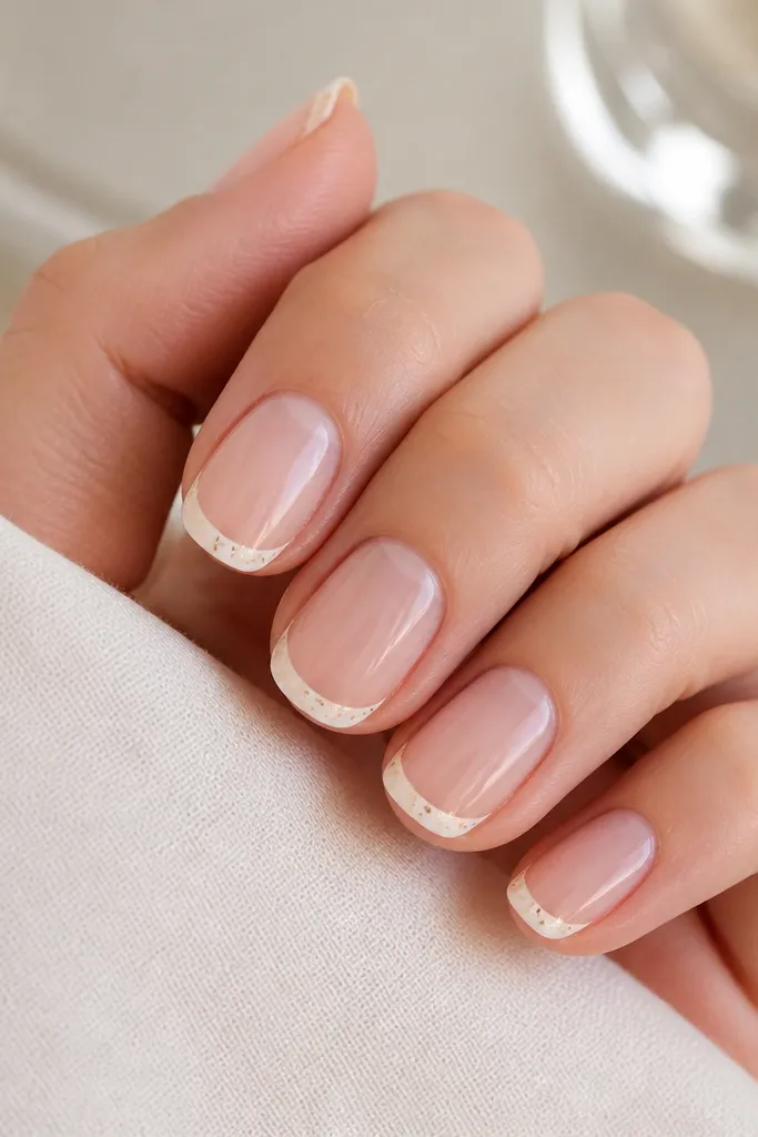 Clear nails with narrow white tips (negative space between base and white), plus tiny gold confetti specks scattered within the white tip area, glossy finish.