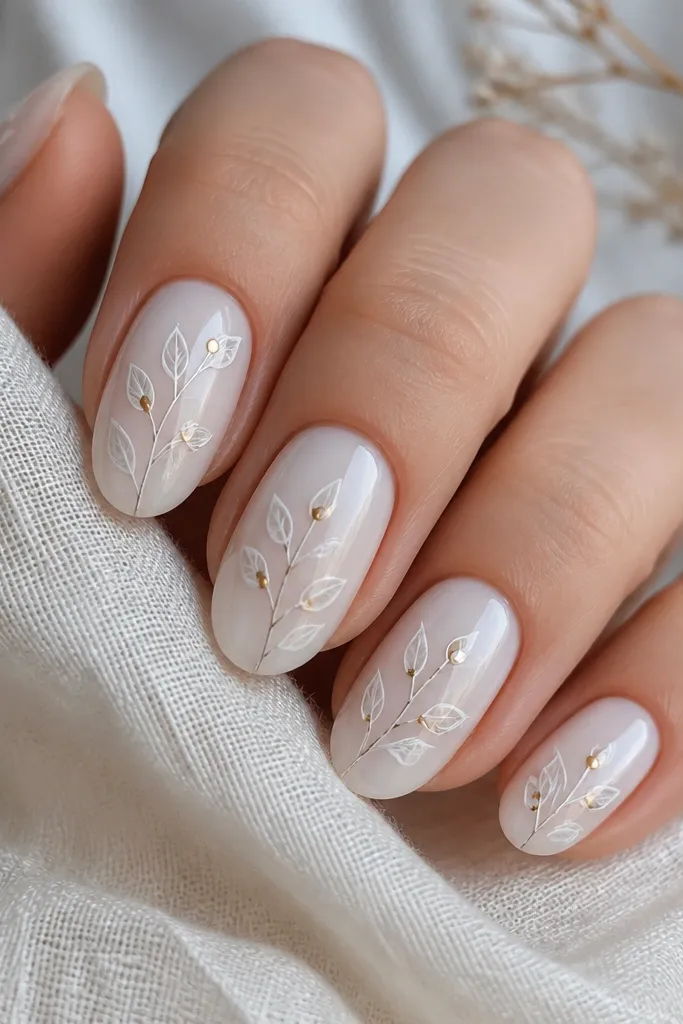 Milky white nails with thin botanical line art (leaf stems and small curves) in white-gray, plus gold dots marking the stem nodes, glossy finish.