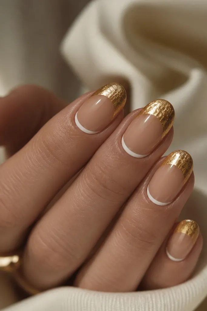 Reverse French nails where the base has a thin white line near the cuticle, and the tip is gold foil coverage with irregular foil edges, glossy top coat.