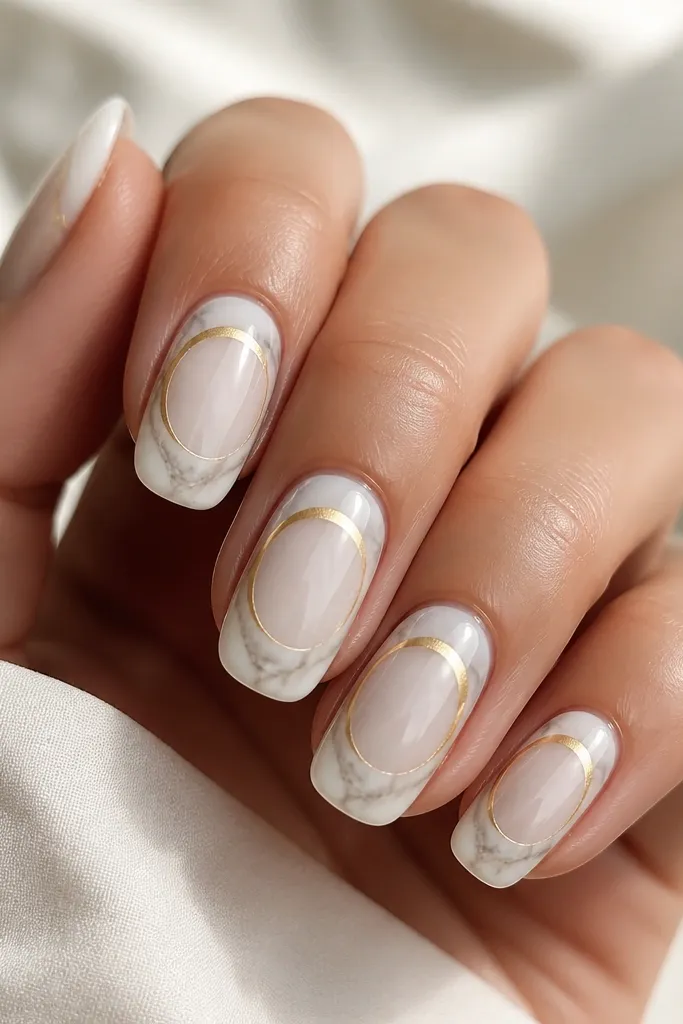Marbled white nails with a soft circular halo around the center, plus gold arc accents near the sides, glossy finish.