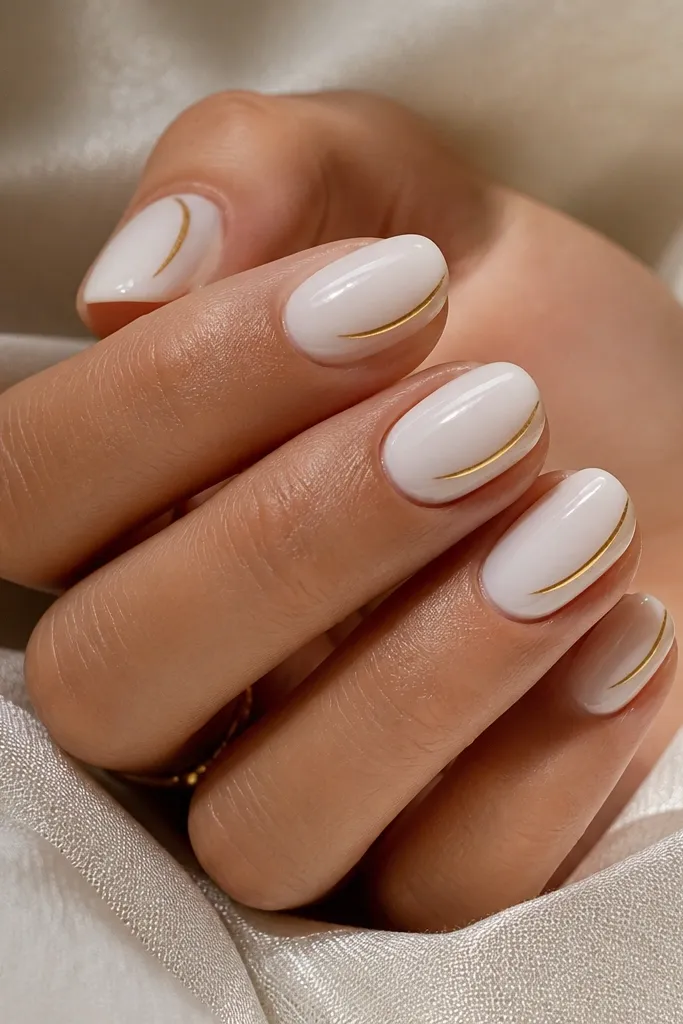Milky white nails with a curved swooping shape on one side, finished with a thin gold foil strip tracing the swoop edge, glossy top coat.