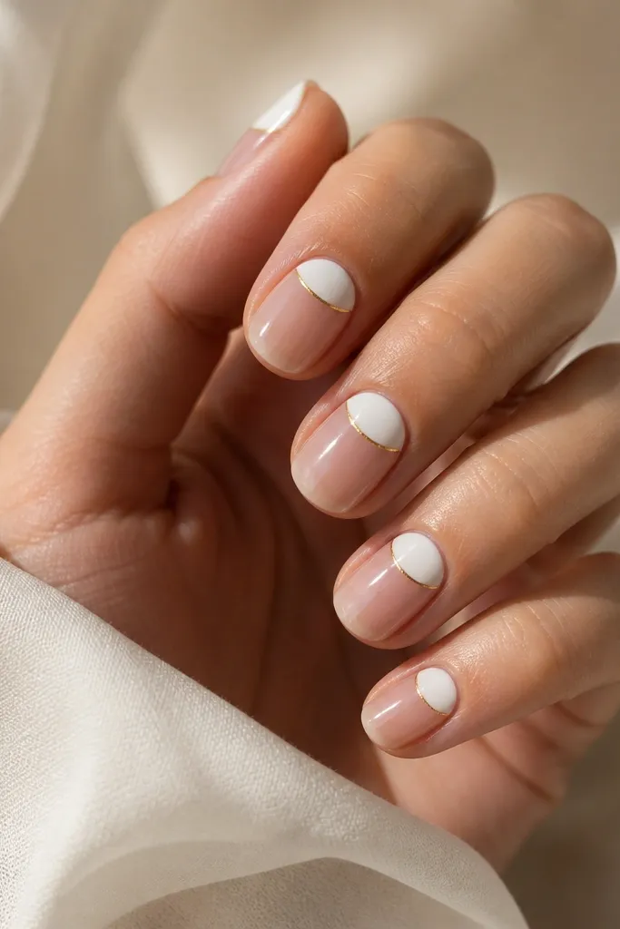 Clear nails with a single white crescent on the upper half, outlined by a thin gold rim, glossy finish.