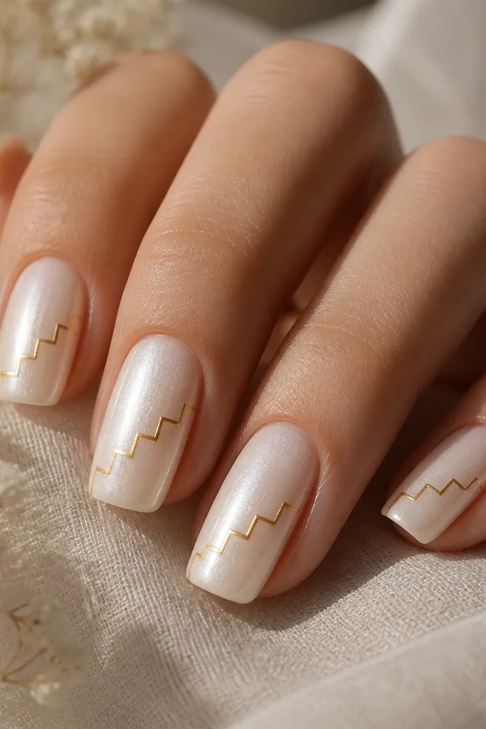 Pearlized white nails with a gold staircase line pattern stepping upward diagonally across the nail, glossy finish.