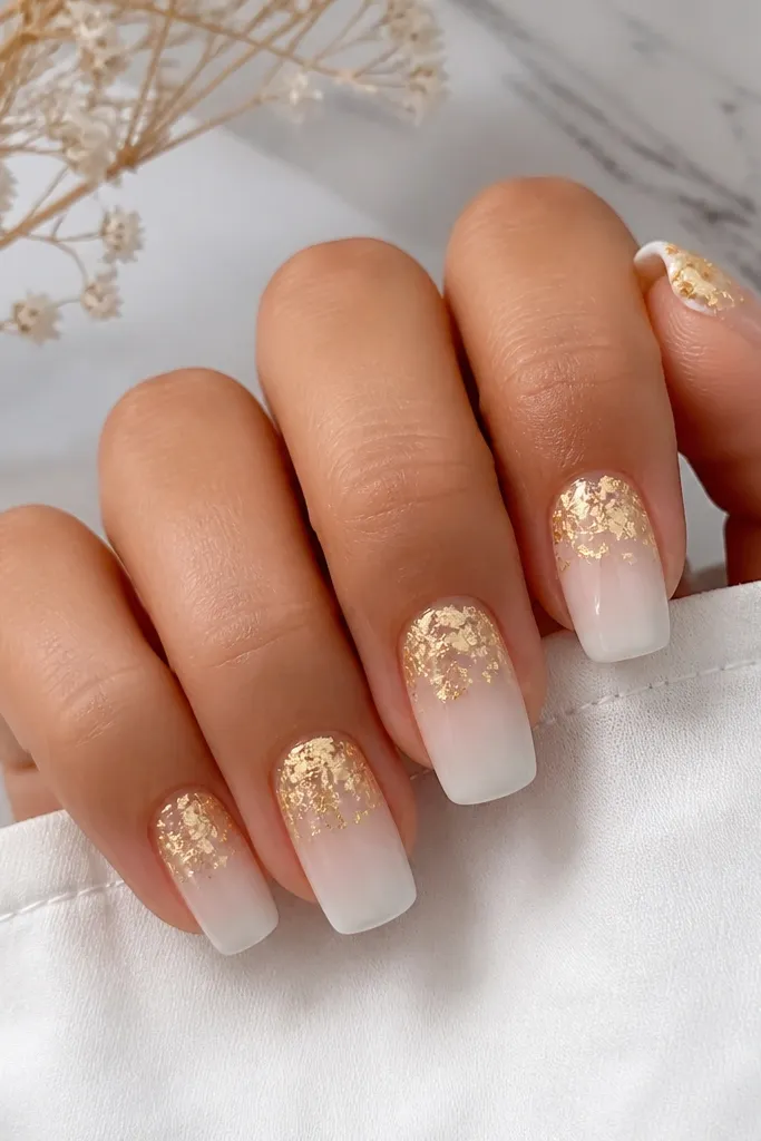 White ombré fading from sheer at the base to opaque white near the middle, then gold leaf coverage at the tips with irregular edges, glossy top coat.
