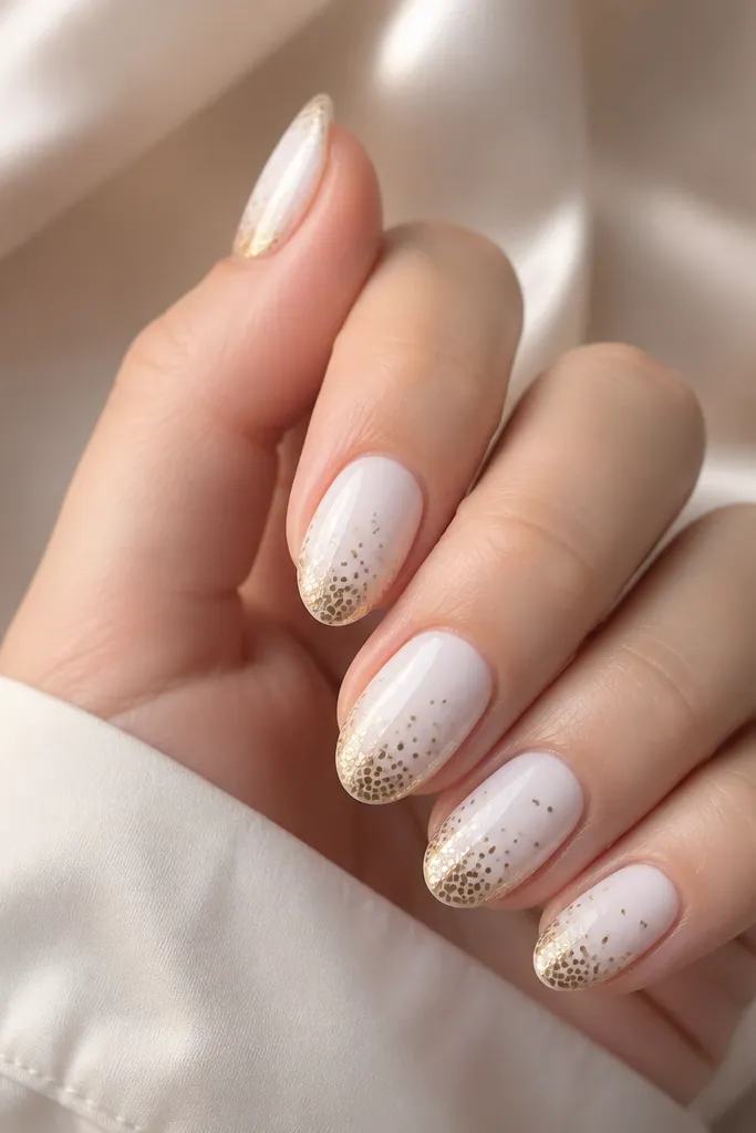 Milky white nails with gold chrome dots that start dense near the tips and fade into fewer dots toward the cuticle, glossy finish.