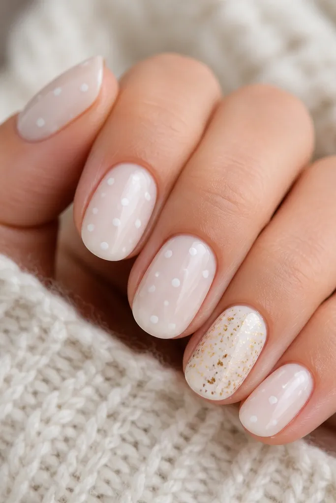 Milky white nails covered in tiny evenly spaced white polka dots with one accent nail featuring gold confetti specks across the surface, glossy top coat.