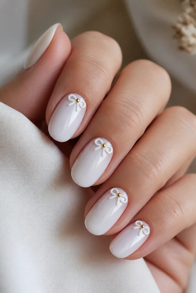 Milky white nails with a small bow shape near the cuticle made from white gel, plus a tiny gold knot in the center of the bow, glossy finish.