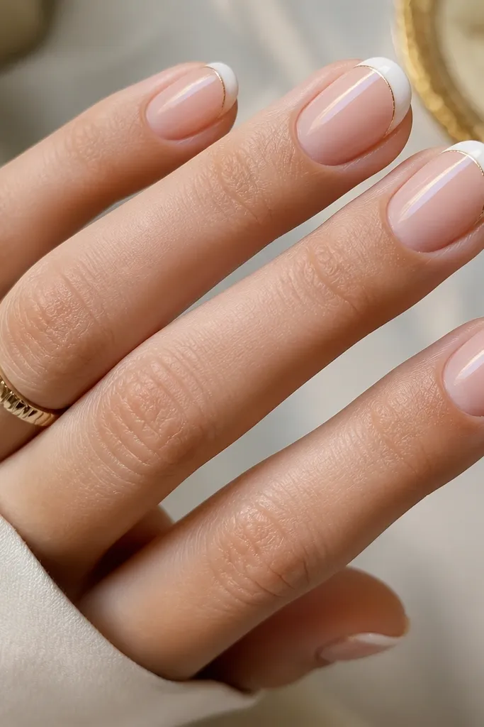 A set of medium-short oval nails with a bright white French tip. The gold detail is a single ultra-thin line running along the very edge of the white, like a metallic outline. High gloss top coat reflects light cleanly.