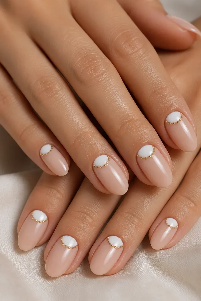 Short almond nails with a sheer nude base. A white half-moon sits right at the cuticle on each nail. Around the white half-moon is a thin gold dot border that looks like a tiny ring, with a glossy finish.