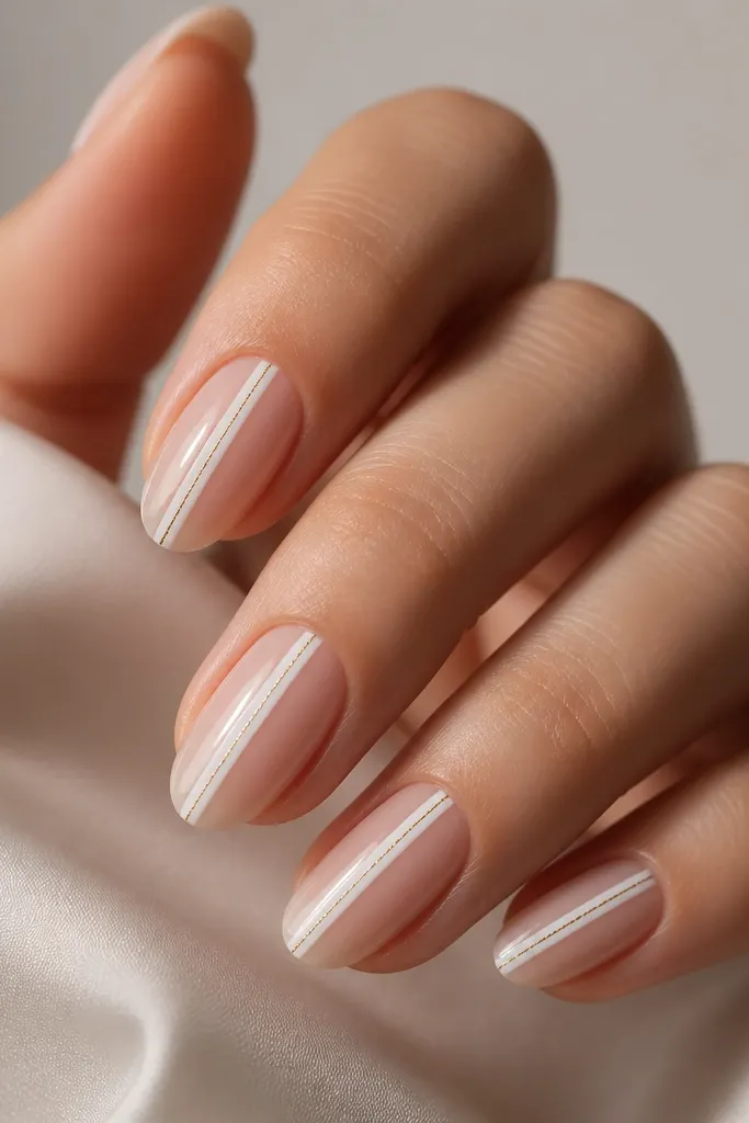 Medium oval nails with a clear glossy base. A single white stripe runs down the center from near the cuticle to the tip. On each side of the stripe are one or two tiny gold micro lines, like fine stitching.