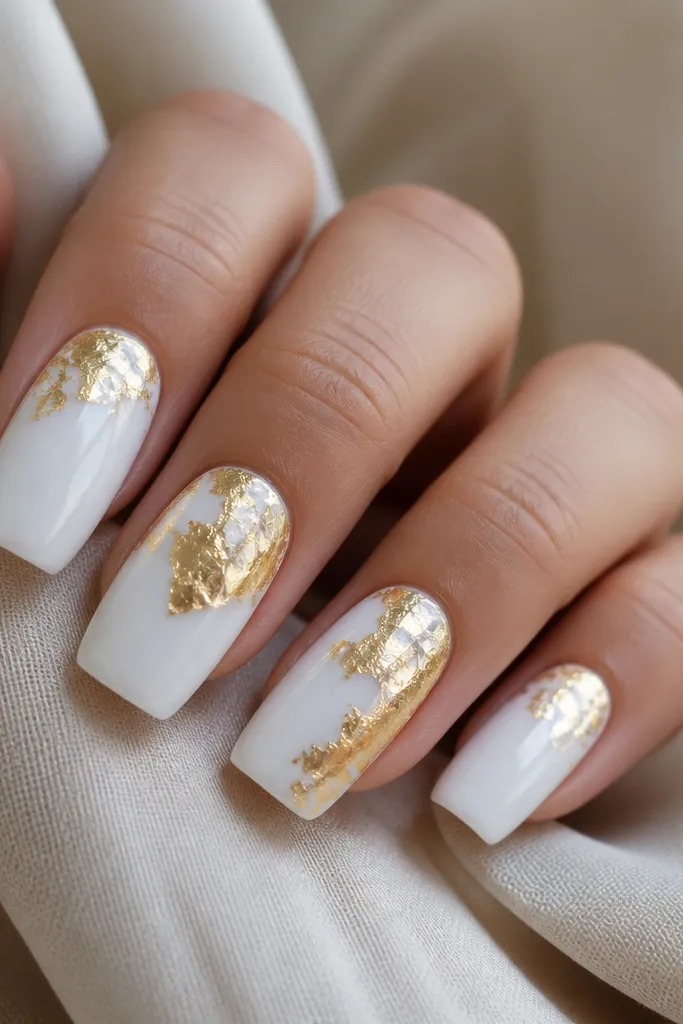Long squoval nails with a solid glossy white base. Irregular gold foil leaf pieces sit mostly near the center and cuticle area, with some foil edges feathered. The top coat is mirror-like.