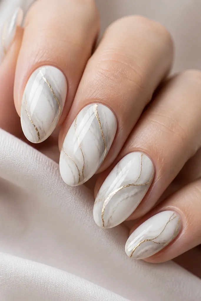 Medium almond nails with a white base that has soft grayish marble swirls. Thin gold lines trace the vein paths, following the swirls. Glossy top coat makes the marble look wet and smooth.