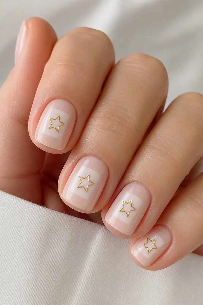 Short square nails with a sheer nude base. Each nail has a clean white negative-space panel in the center, and tiny gold outline stars sit on top of the white panel. Glossy finish.